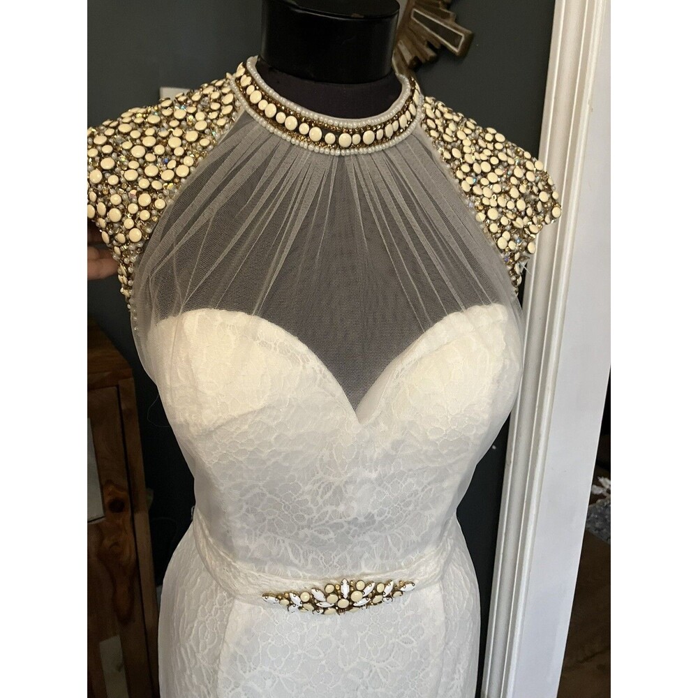 STUNNING CAMILLE LA VIE Heavily Beaded White Mermaid WEDDING GOWN SZ 10 DRESS - Picture 2 of 16